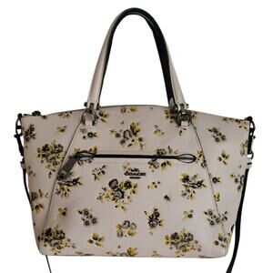 Coach Prairie Satchel Yellow Floral Pebbled Leather Handbag Tote Bag Rose 87109